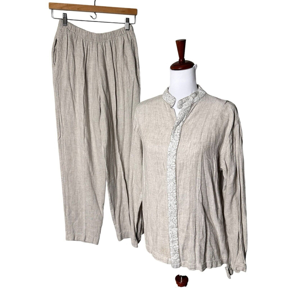 CP Shades Linen VTG Pants Top Set Oatmeal Tweed Wide Leg EUC Small Yoga